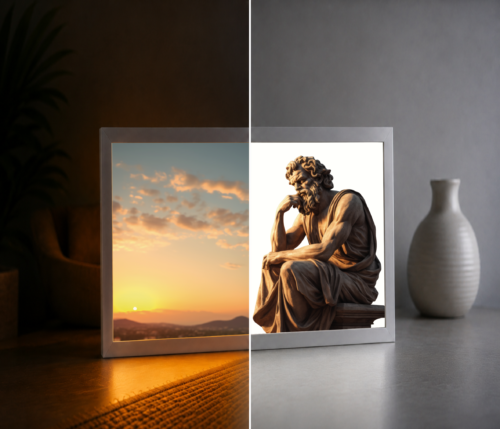 Düşünen Filozof Heykeli LED Işıklı Tablo – Dekoratif Masa & Gece Lambası