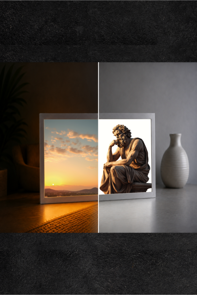 Düşünen Filozof Heykeli LED Işıklı Tablo – Dekoratif Masa & Gece Lambası