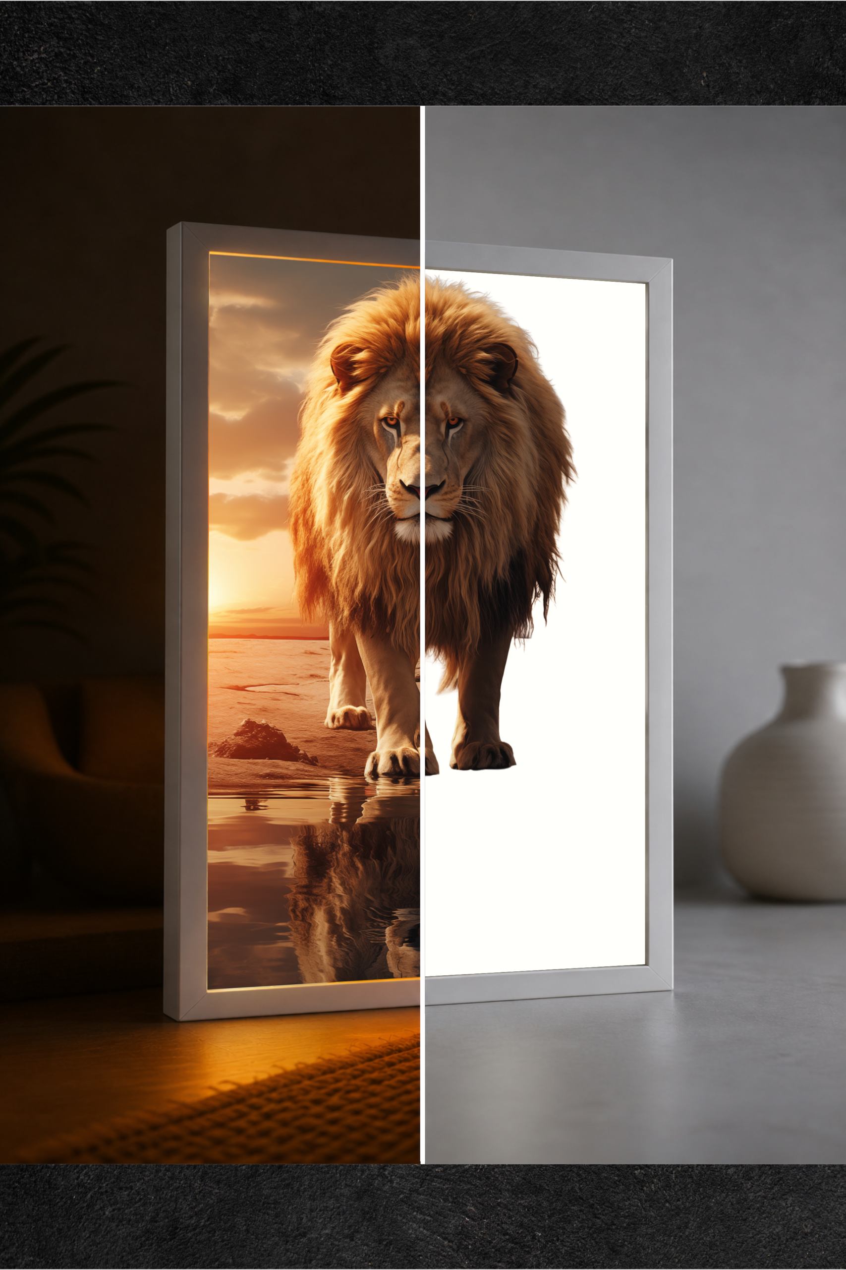 Gün Batımında Yansımalı Aslan LED Işıklı Tablo – Dekoratif Masa & Gece Lambası