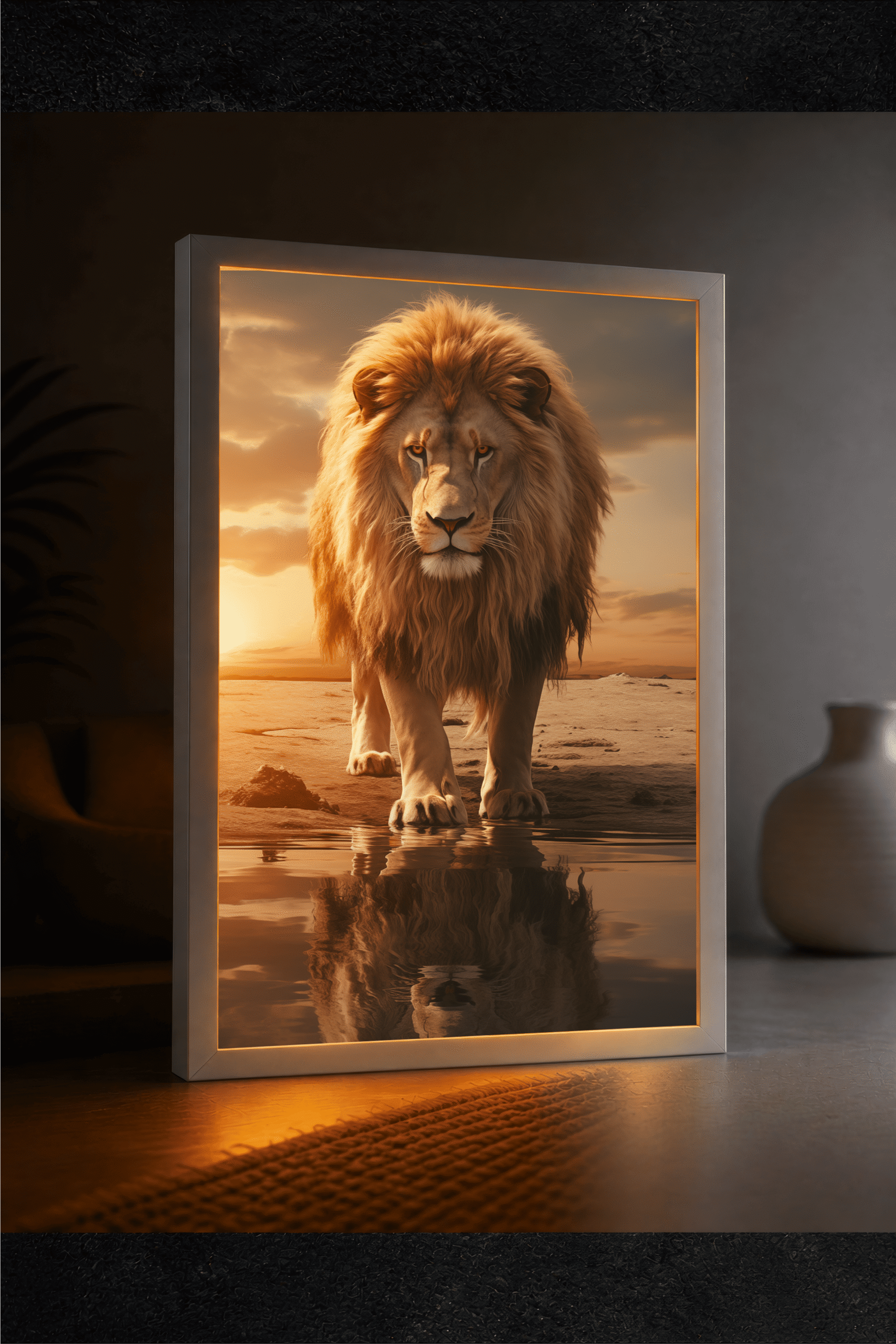 Gün Batımında Yansımalı Aslan LED Işıklı Tablo – Dekoratif Masa & Gece Lambası - Görsel 2