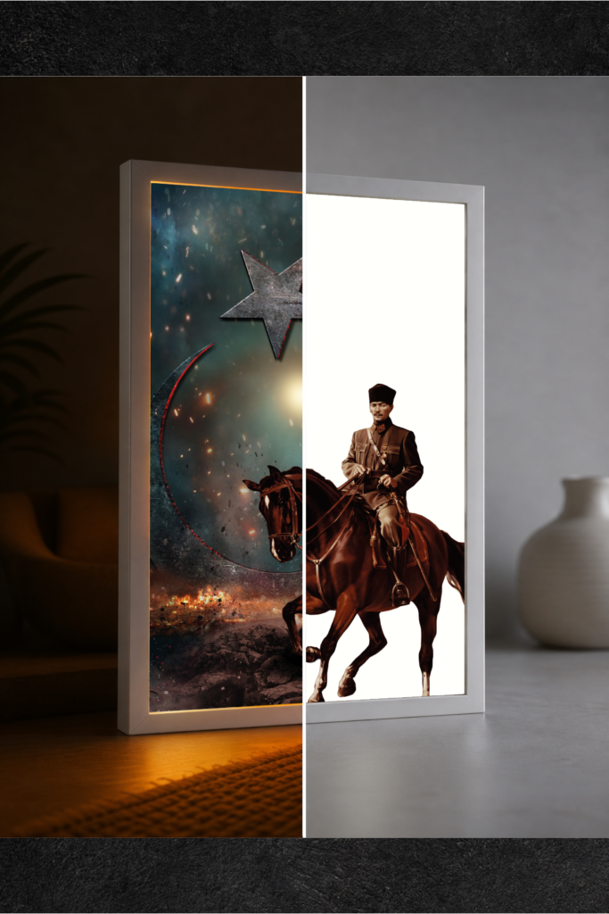 At Üstünde Atatürk Ay Yıldız LED Işıklı Tablo – Dekoratif Masa & Gece Lambası