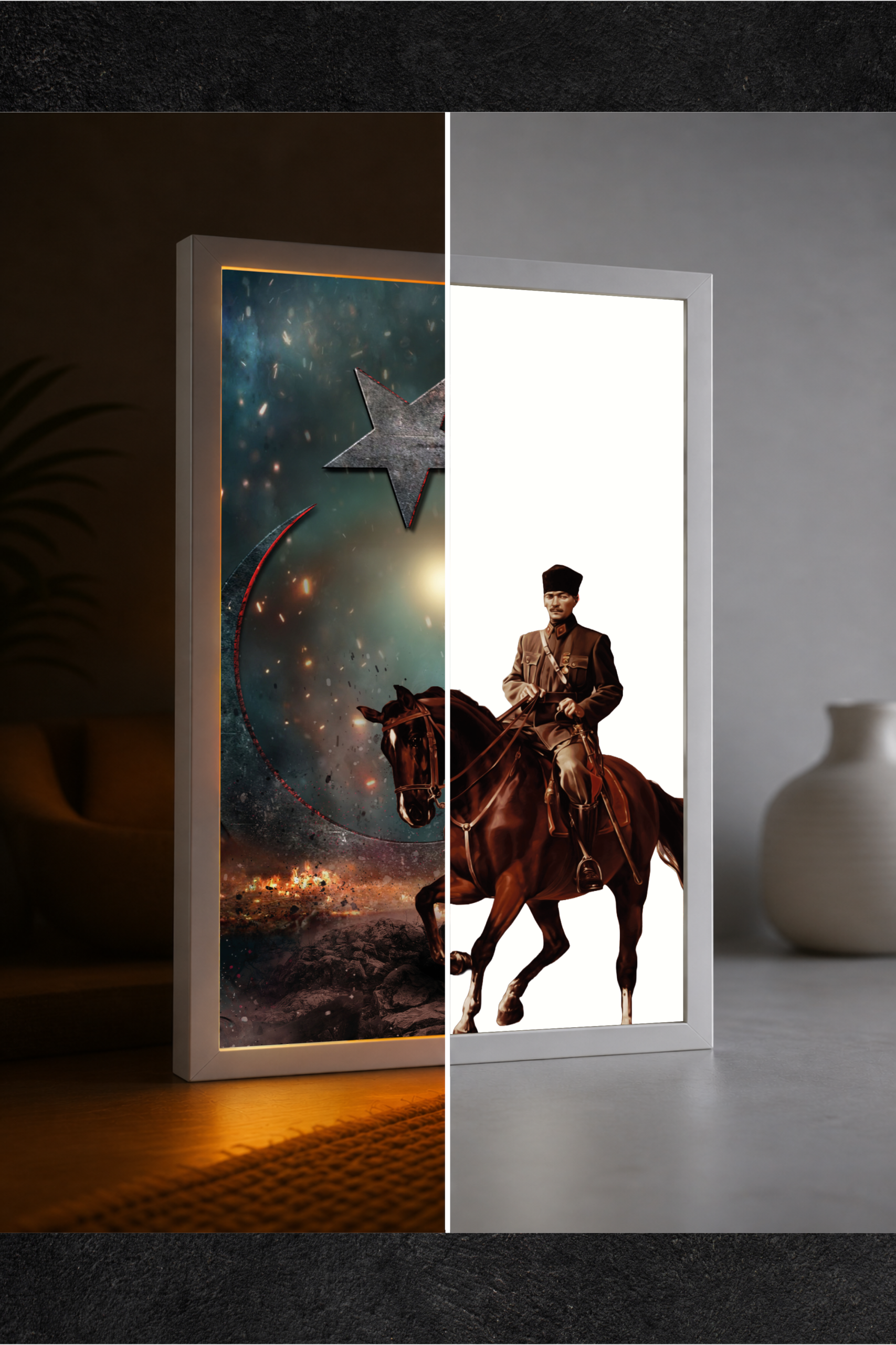 At Üstünde Atatürk Ay Yıldız LED Işıklı Tablo – Dekoratif Masa & Gece Lambası