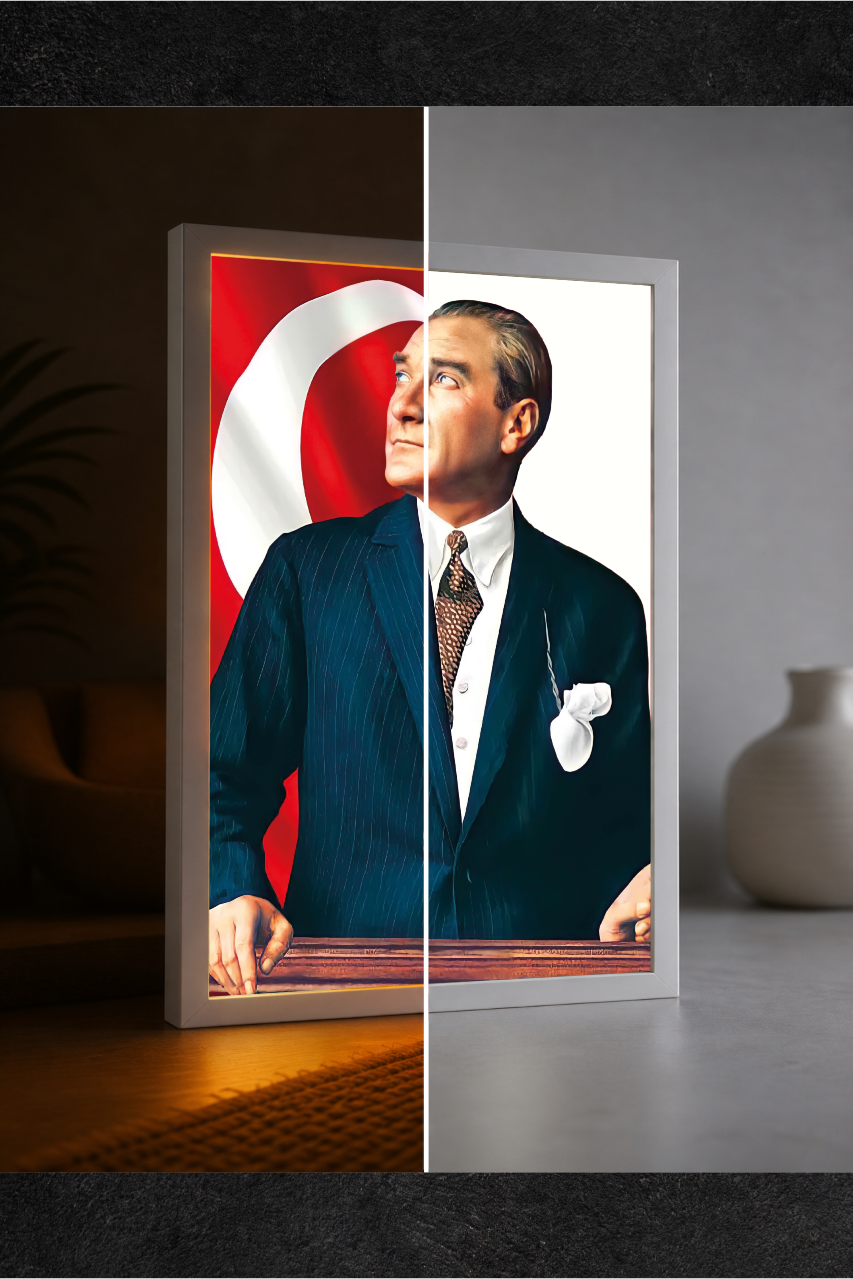 Takım Elbiseli Atatürk Türk Bayrağı LED Işıklı Tablo – Dekoratif Masa & Gece Lambası
