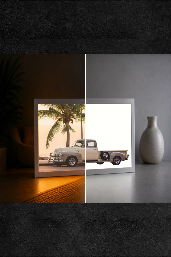 Klasik Amerikan Pickup Sahil LED Işıklı Tablo – Dekoratif Masa & Gece Lambası