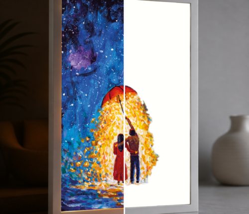 Yağmurda Romantik Çift LED Işıklı Tablo – Dekoratif Masa & Gece Lambası