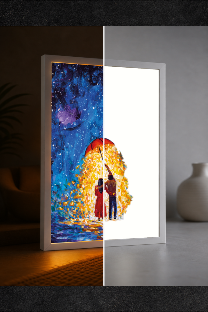 Yağmurda Romantik Çift LED Işıklı Tablo – Dekoratif Masa & Gece Lambası